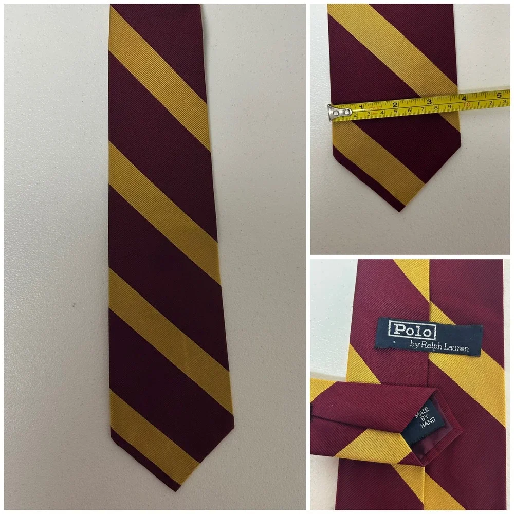 Polo Ralph Lauren Tie Mens Burgundy Gold Striped Silk Repp Made In USA 56